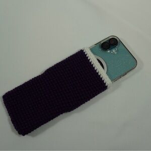 Handmade Purple Knit Phone Sleeve with White Trim